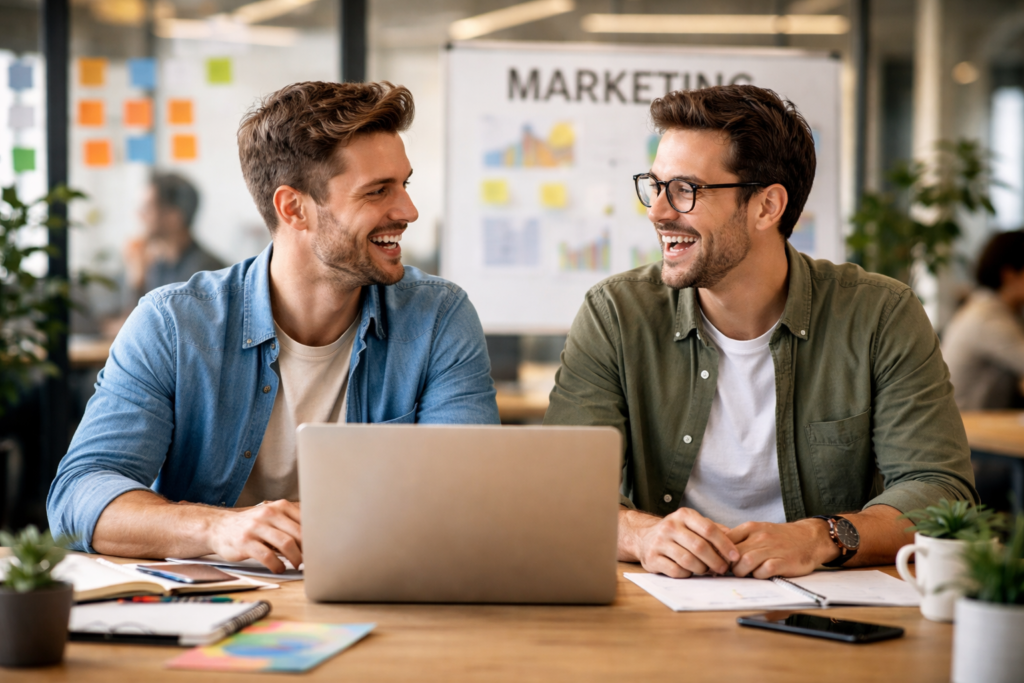 Two marketing professionals smiling and collaborating at a laptop in a modern office workspace